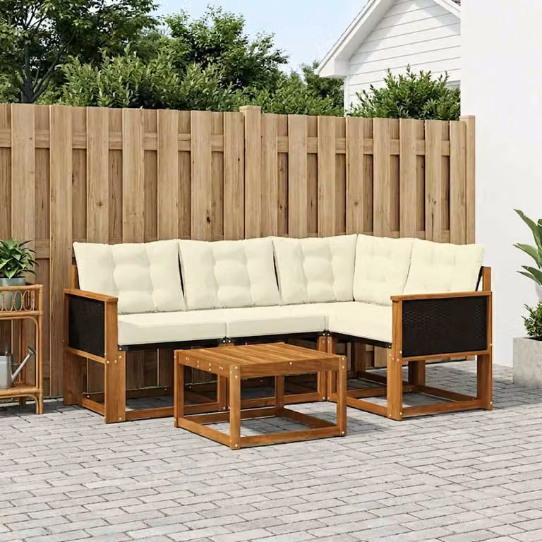 Set di divani da esterno vidaXL 5 pezzi in legno di acacia con cuscini beige e bianco e tavolino coordinato