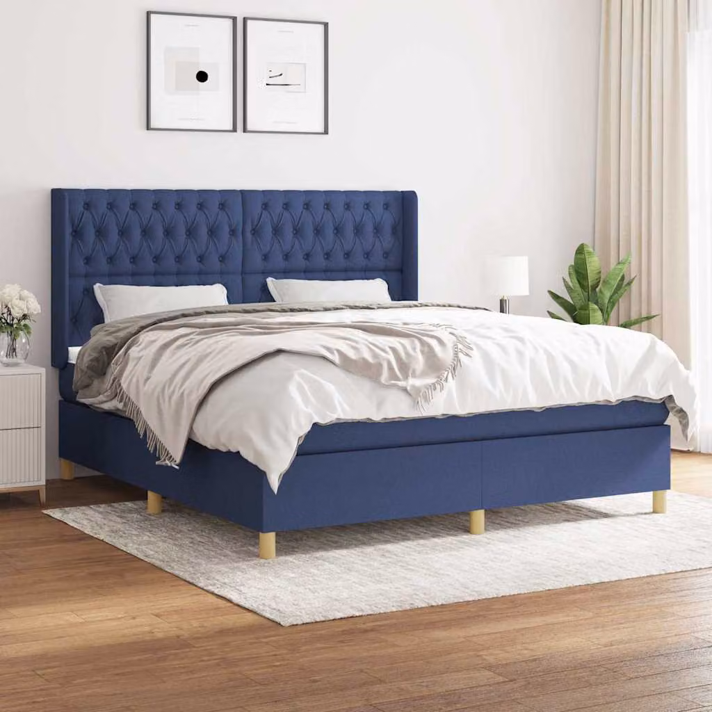 vidaXL Giroletto a Molle con Materasso Ibrido in Tessuto Blu e Bianco L/P/H: 180 x 200 x 128 cm – 1
