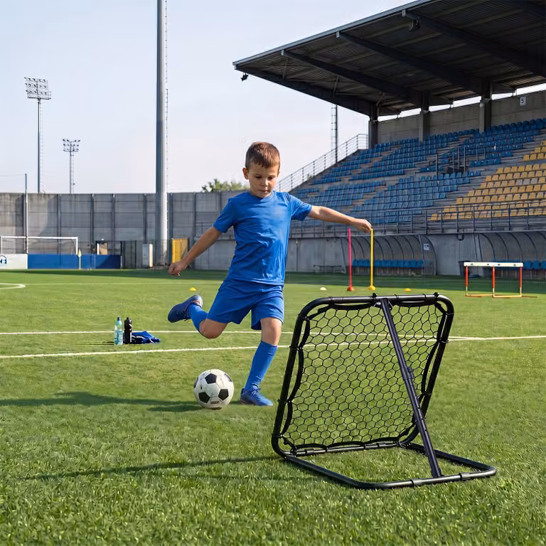 Porta calcio pieghevole Costway in metallo nero con rete da rimbalzo e picchetti per bambini dai 6 anni in su