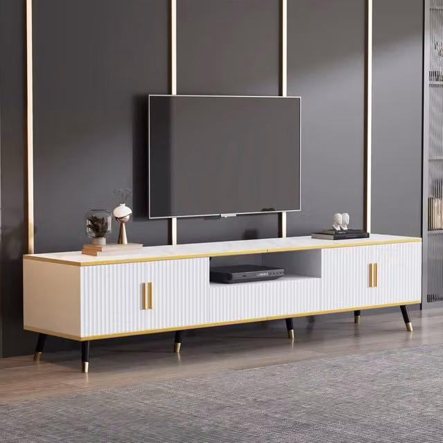 Mobile porta TV moderno OKWISH in legno bianco per soggiorno con 2 ante, 1 cassetto e passacavi, L/P/H: 200 x 40 x 46 cm – 1
