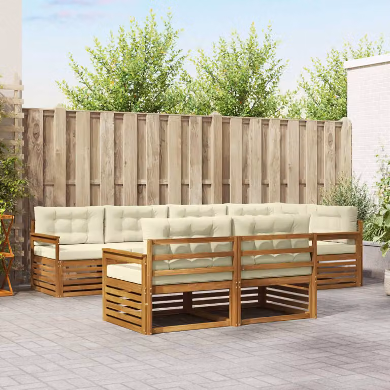 vidaXL Set di divani da esterno 7 pz in legno di acacia con cuscini, beige e bianco