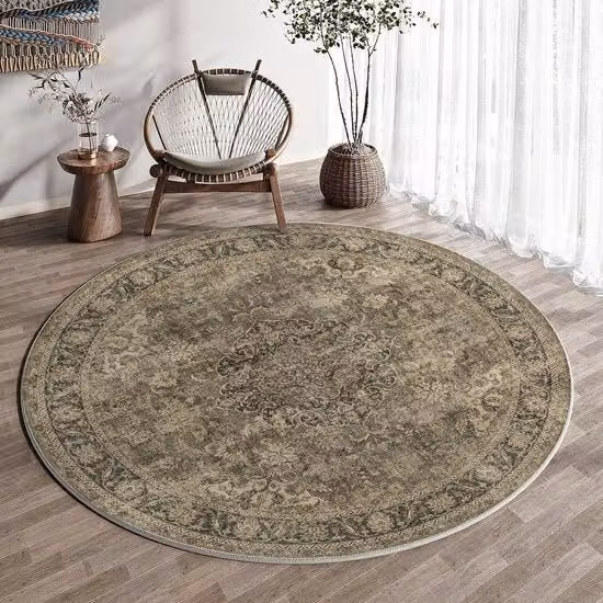 Tappeto vintage in tessuto marrone, lavabile, diametro circa 150 cm, per soggiorno, camera da letto, ufficio, con superficie antiscivolo e con pile corte.