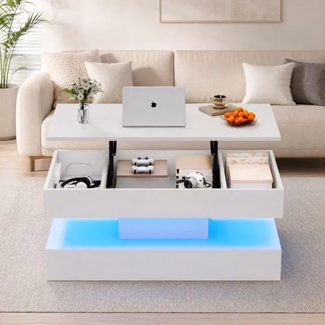 Tavolino da caffè 100x50x42 cm bianco con LED, piano sollevabile e vano contenitore