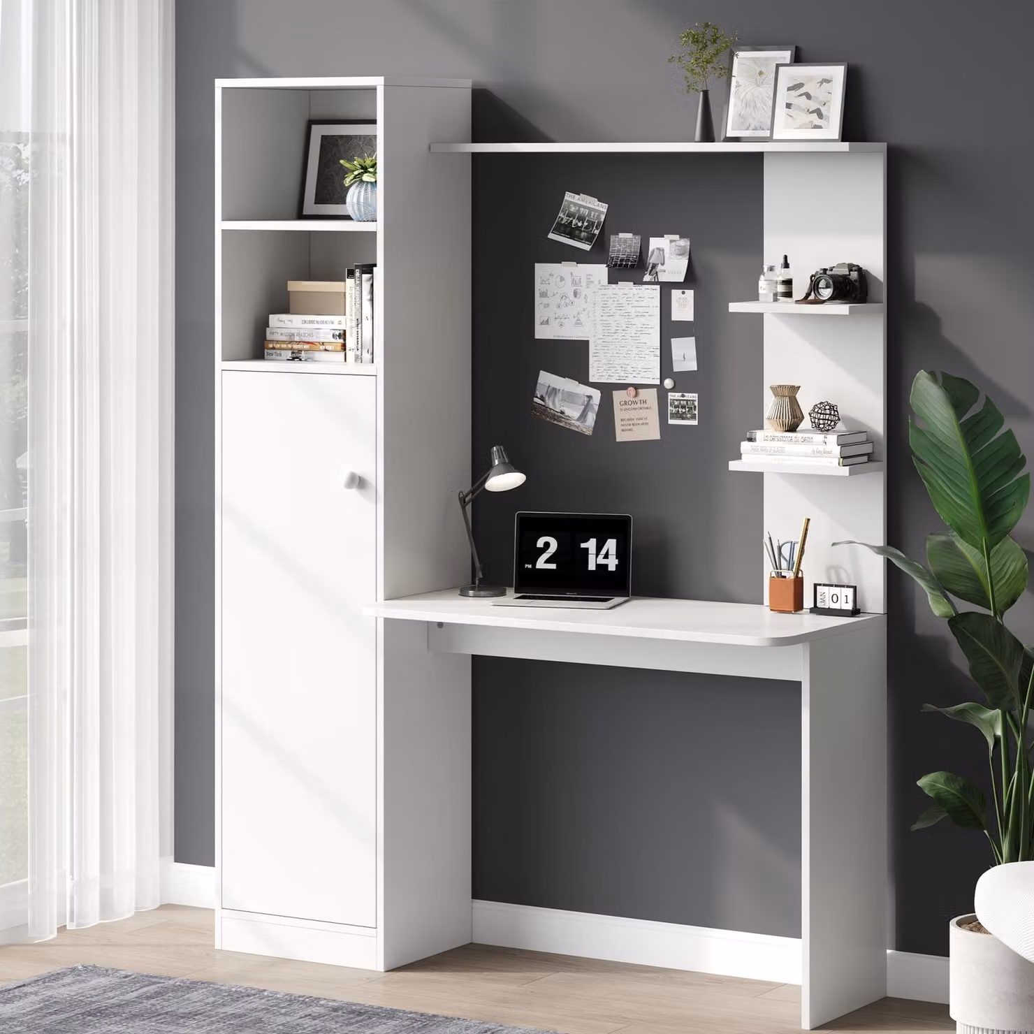 Scrivania Merax Scrivania da lavoro con libreria, armadio chiuso e ripiani aperti, scrivania per computer, scrivania da ufficio, 123,5x45x168,5 cm, bianco