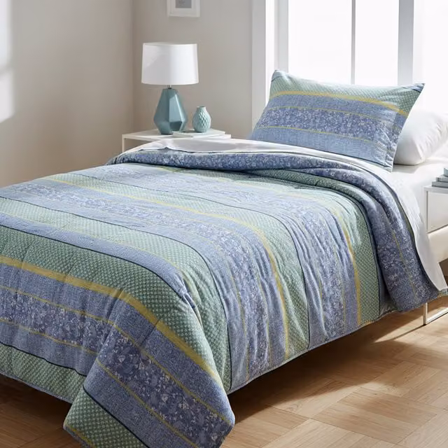 Parure copripiumino singolo KASANOVA in cotone blu a righe con federa, L/P: 155 x 200 cm