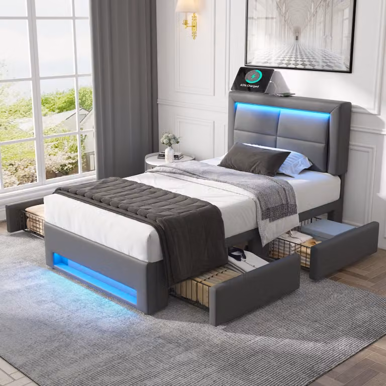 Letto imbottito STILVORA 90x190 con illuminazione a LED e quattro cassetti, letto per ragazzi con sistema di ricarica wireless e con cavo, letto singolo senza materasso, colore grigio