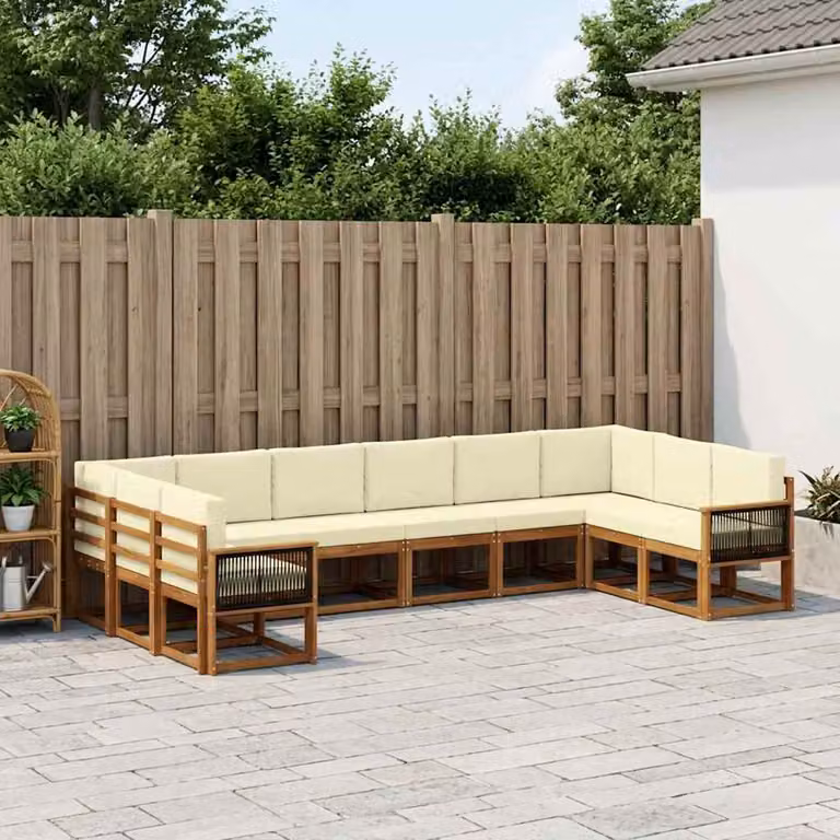 vidaXL Set di divani da esterno a forma di L composto da 10 pezzi in legno di acacia con cuscini in tessuto beige e crema