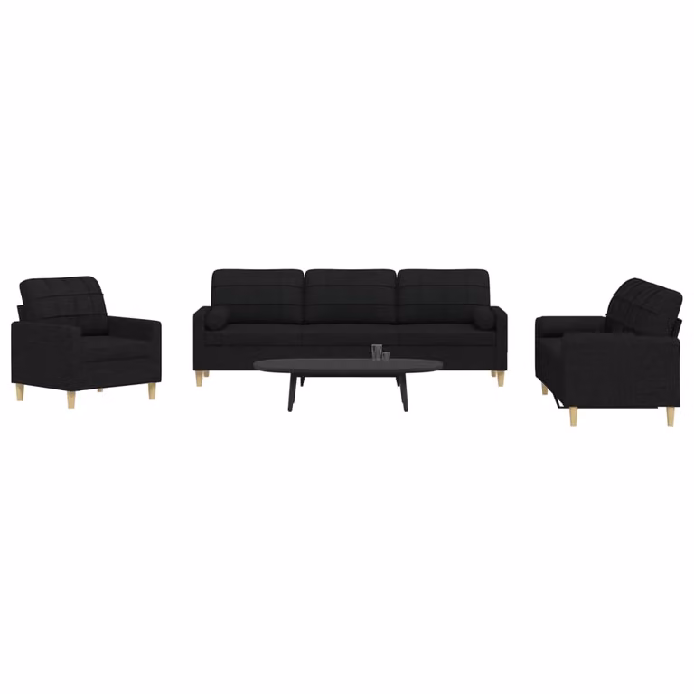 Set di divani 3 pezzi vidaXL in tessuto nero con cuscini decorativi e struttura in metallo per soggiorno