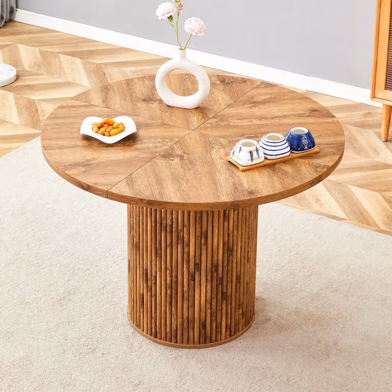 Tavolo rotondo da pranzo, diametro 100 cm, in MDF con venature del legno, gambe a colonna (in legno)