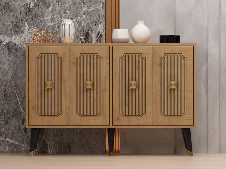 Skye Decor, Desarı - Sapphire Oak, Oro, Consolle, Rovere zaffiro, PANNELLI DI AGGREGATO DI LEGNO RIVESTITI AL 100% IN MELAMMINA, 120 x 30 x 80 cm