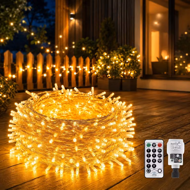 Catena luminosa da 50 metri, con 300 LED bianco caldo, telecomando, timer, grado di protezione IP44
