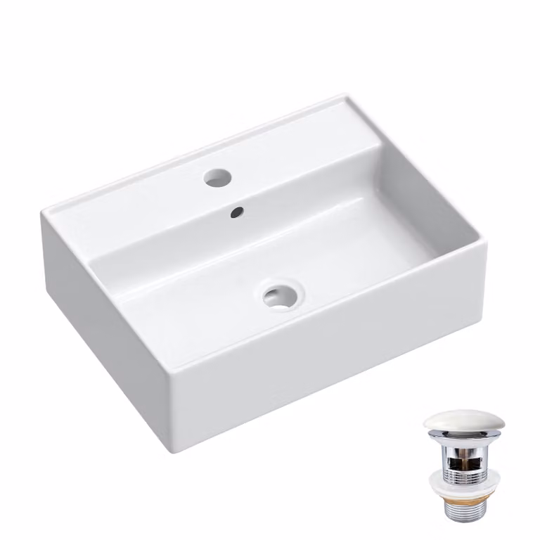 HOROW, lavabo da parete di 45 x 31 cm con sistema di scarico a tappo pop-up in Vetroceramica, lavabo rettangolare sospeso per il bagno, con bordo sottile, lavabo da appoggio con foro per il rubinetto e sistema di troppo pieno