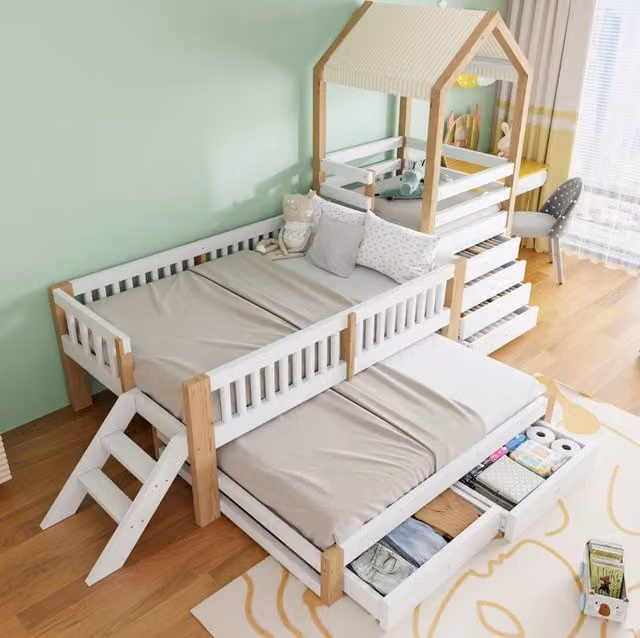 Letto per bambini a casetta con letto estraibile; cassetti e tetto in tessuto; 90x200 cm; bianco/naturale