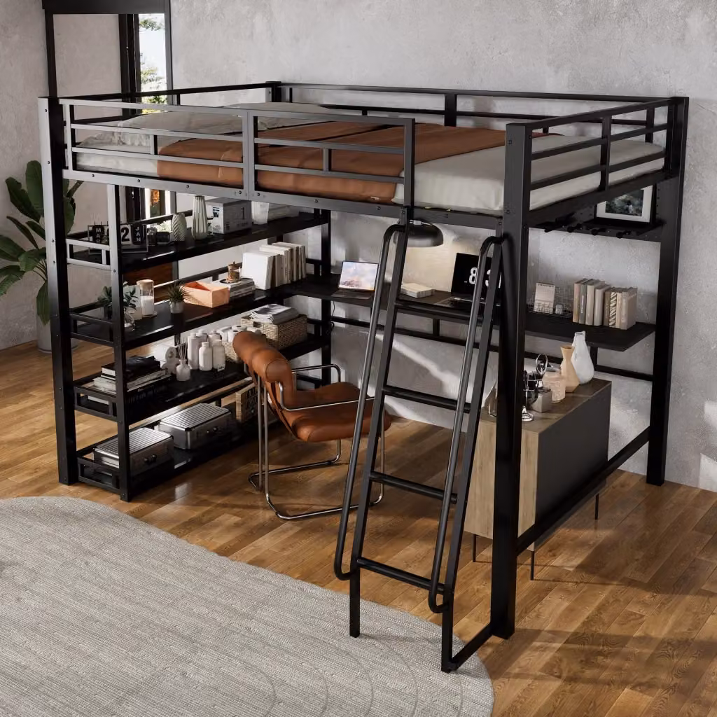 Letto a soppalco REDOM con ripiani laterali e porta USB in metallo e legno nero L/P: 140 x 200 cm – 2