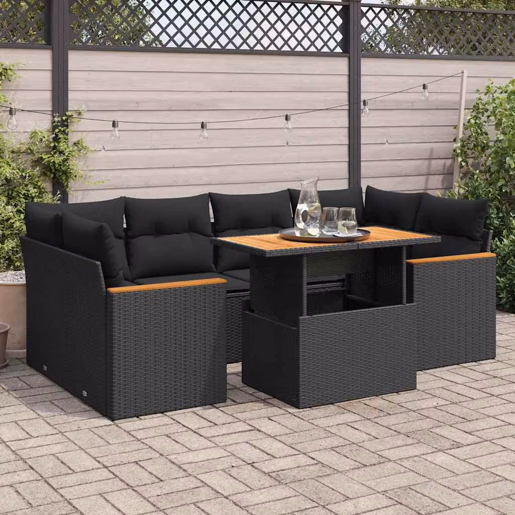 Set Divano da Giardino vidaXL 6 pz a Forma a L con Tavolino, Polyrattan e Legno di Acacia, Nero