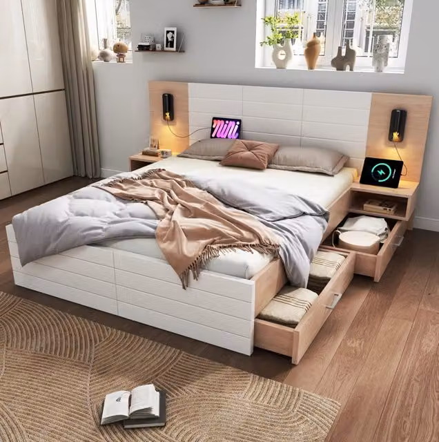 Letto 160x200 cm con 2 cassetti; luce da lettura; USB e materasso; bianco e rovere chiaro