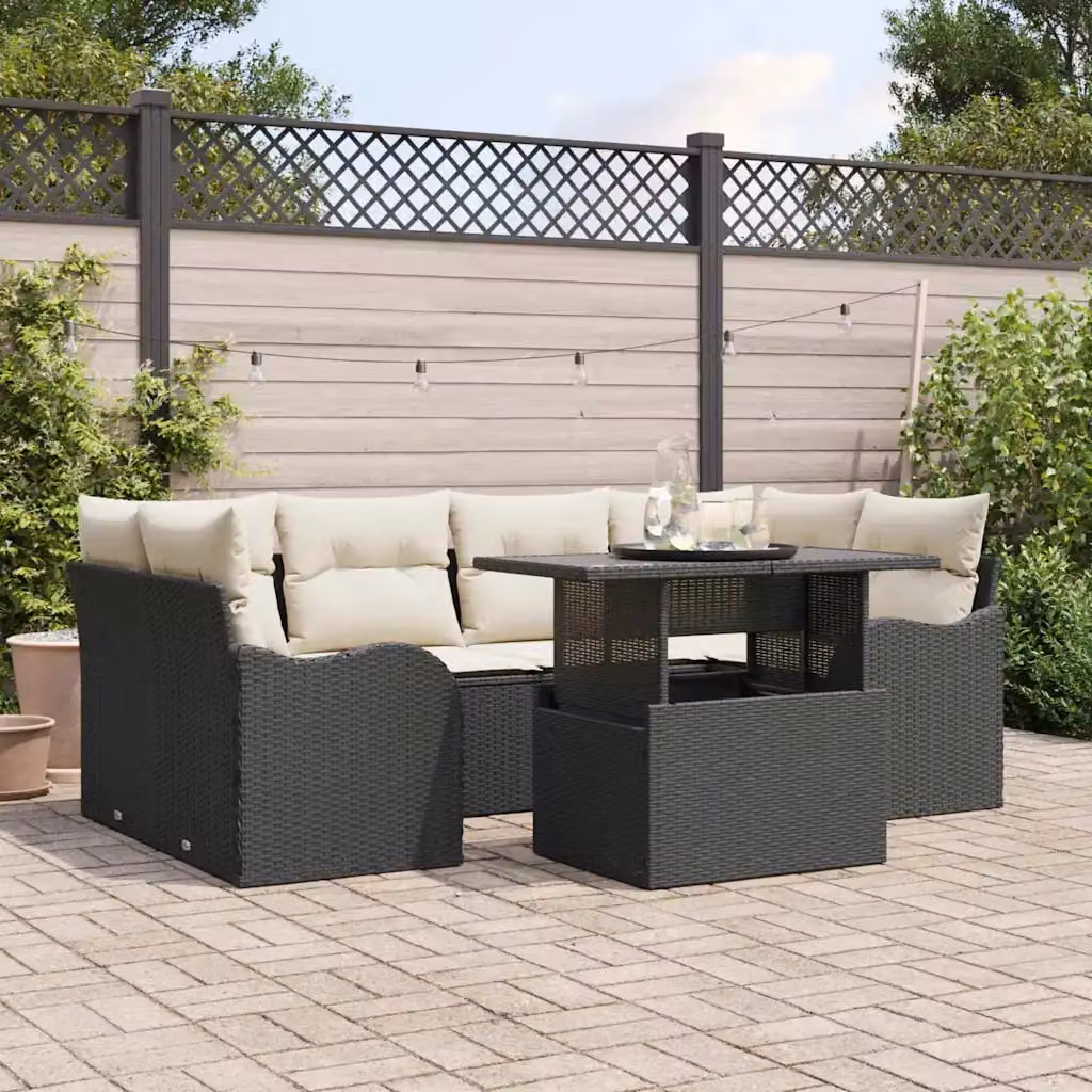 Set Divano da Giardino vidaXL 7 Pezzi con Tavolino e Cuscini, Struttura in Acciaio Verniciato a Polvere e Rattan, Colore Nero e Beige – 1