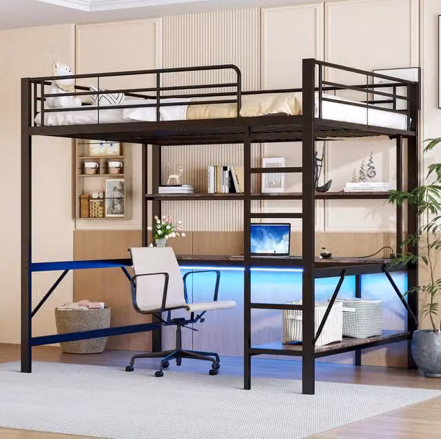 Letto a soppalco nero 140x200 cm con struttura in metallo, scrivania, illuminazione LED, prese USB e gradini di sicurezza