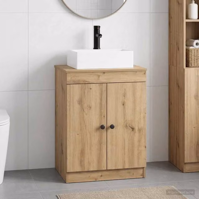 Set di mobili per il bagno moderno vidaXL in legno e MDF color rovere marrone con ante a battente e ripiani interni L/P/H: 70 x 26,02 x 41 cm – 1