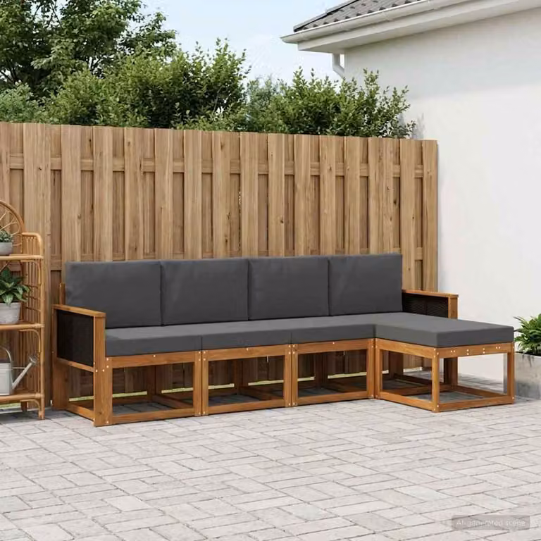 Set di divani da esterno vidaXL a forma di L composto da 5 pezzi in legno di acacia con cuscini inclusi, colore marrone e antracite
