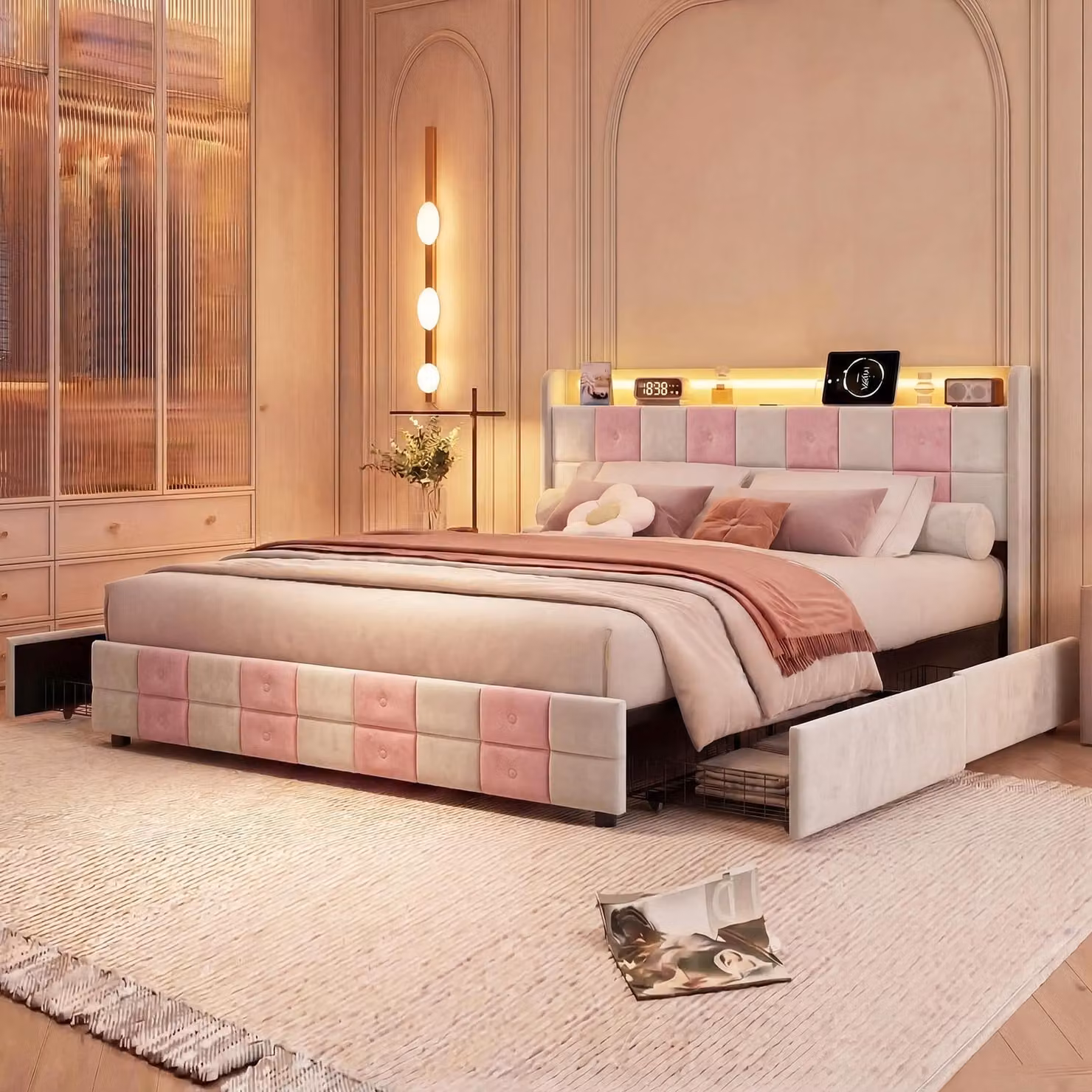 Letto imbottito 140x200 cm con 4 cassetti, sistema LED, testiera con prese USB e Type-C, rete a doghe, rivestito in velluto, colore bianco/rosa