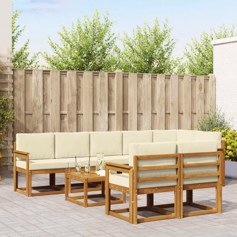 vidaXL Set di divani da esterno moderno a L in legno di acacia con cuscini, 9 pezzi, Beige, Bianco e Marrone