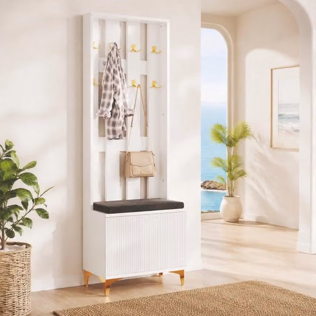 Mobile guardaroba moderno per ingresso e soggiorno bianco e grigio con ante a battente soft close e dettagli dorati, H: 180.5 cm, L: 60.5 cm, P: 35.2 cm