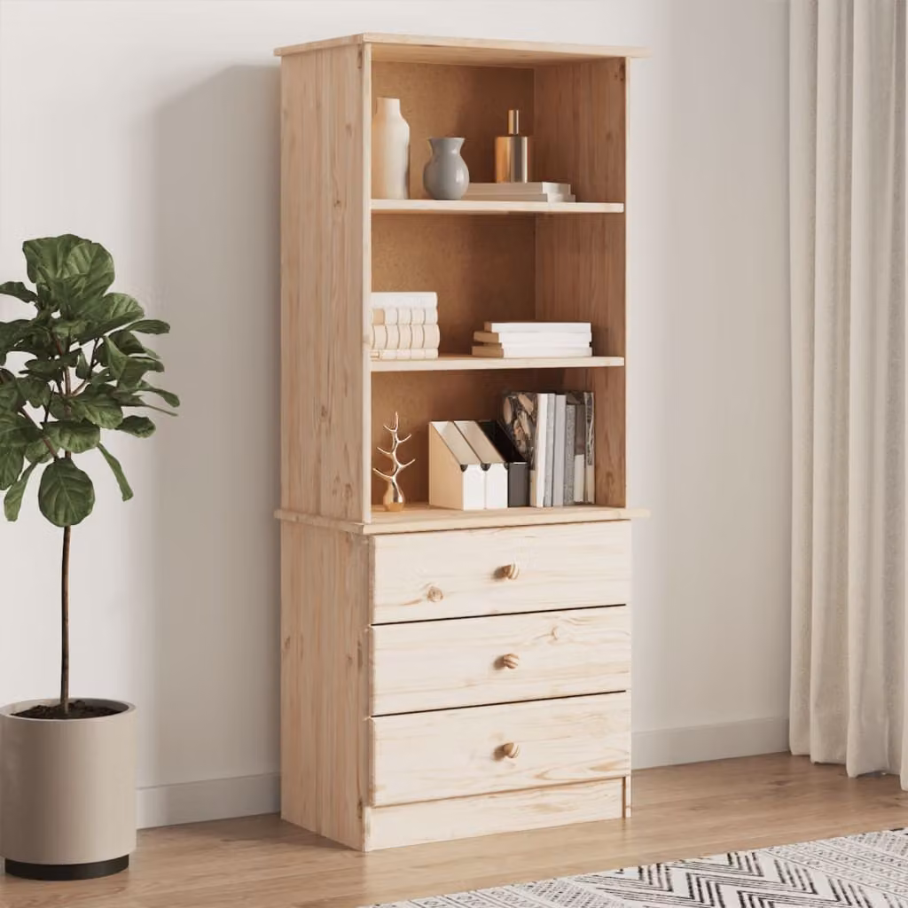 vidaXL Libreria in Legno di Pino Massello con Cassetti, Stile Rustico, Marrone e Beige, L: 60 cm, P: 35 cm, H: 142 cm