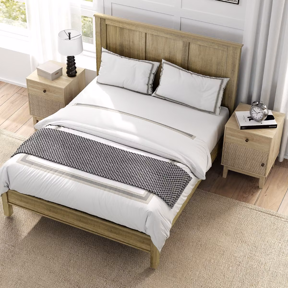 Comodino Costway in rattan e legno naturale stile boho con cassetto e armadietto, colore beige e marrone