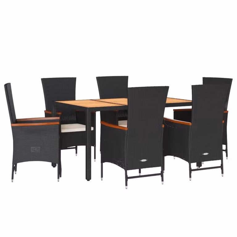 Set da Pranzo da Giardino 7 pz Nero con Cuscini in Polyrattan