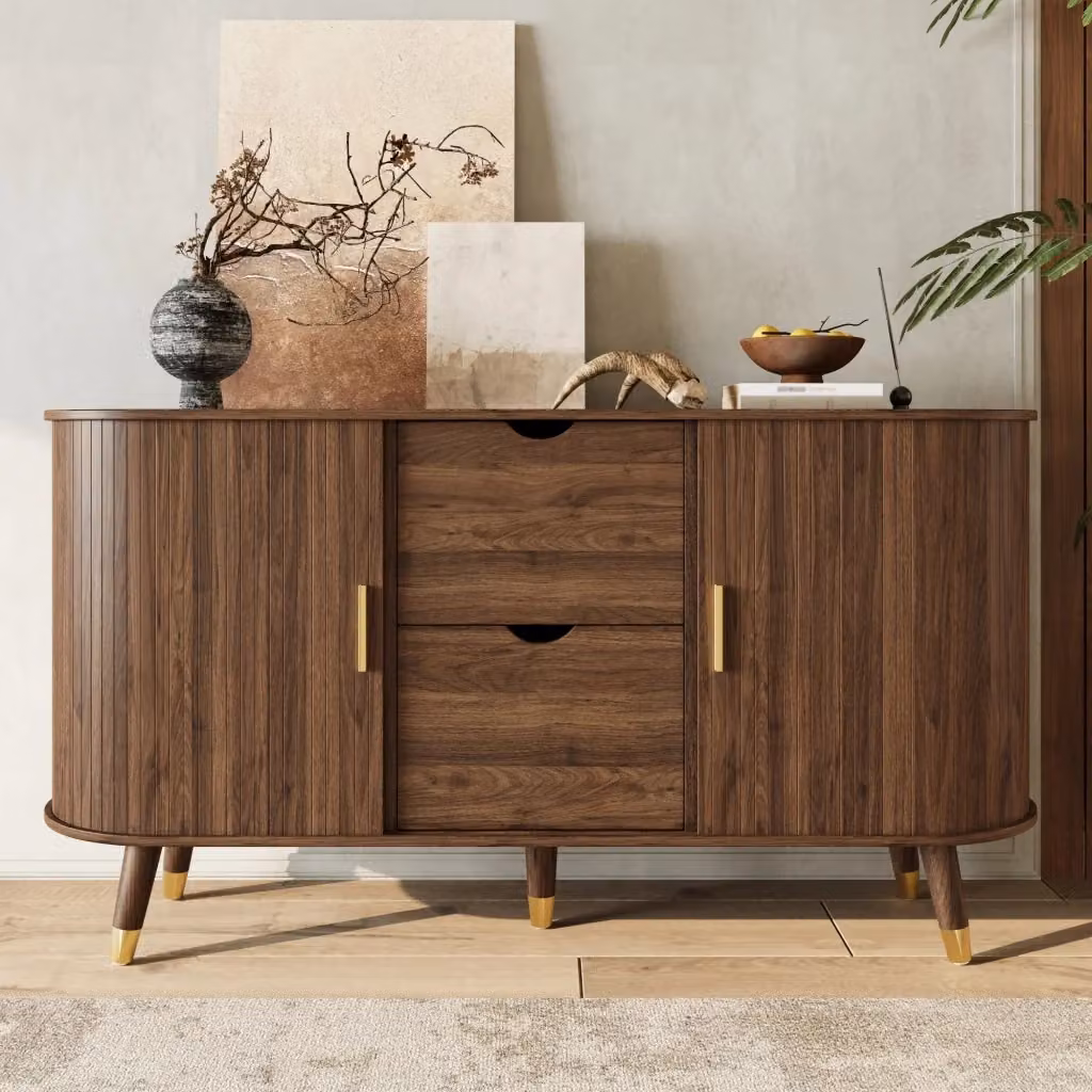 Madia Mivray in stile mid-century con due cassetti e ripiani regolabili, color noce e dettagli oro, L 140 cm x P 40 cm x H 79.5 cm – 2
