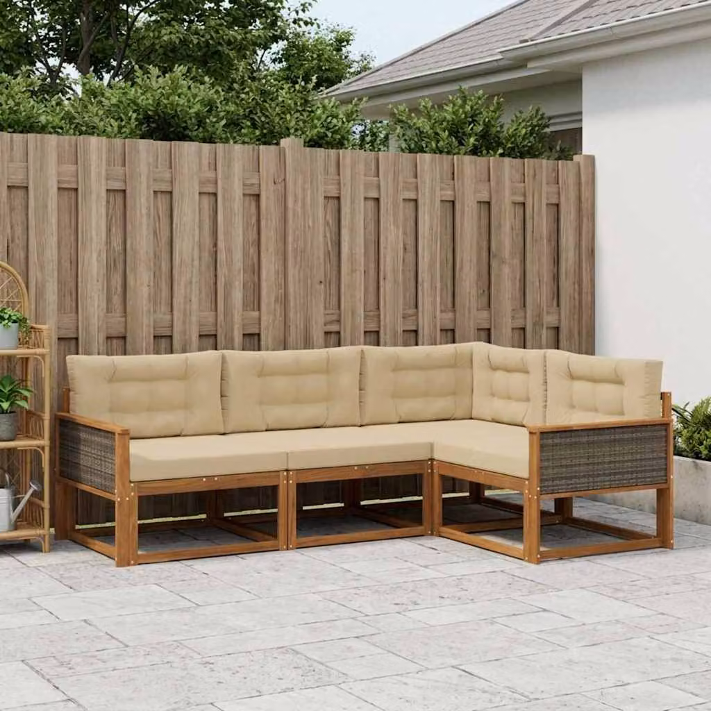 Set di divani da esterno vidaXL 4 pezzi in legno di acacia con cuscini beige e marrone a forma di L per giardino e terrazza
