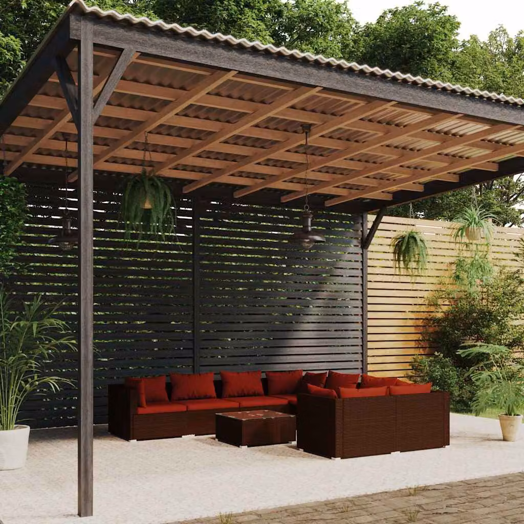 vidaXL Set Divani da Giardino 9 pz con Cuscini e Tavolino in Polyrattan Marrone e Rosso con Struttura in Acciaio – 1