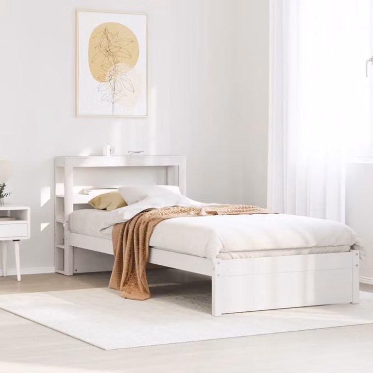 vidaXL Letto in Legno Massello di Pino con Testiera e Ripiani Laterali, Bianco, L: 190 cm, P: 82 cm, H: 81 cm