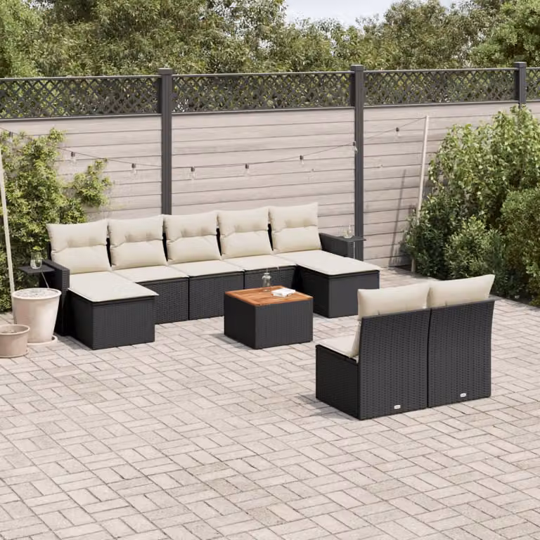 vidaXL Set Divani da Giardino 10pz in Polyrattan Nero con Cuscini e Tavolino da Esterno