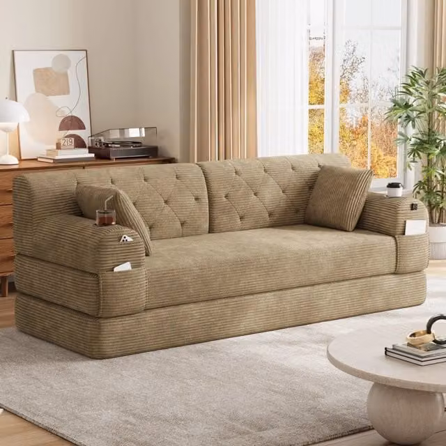 Divano letto Mivray in velluto con funzione letto e portabevande, L: 208 cm, P: 81 cm, H: 80 cm
