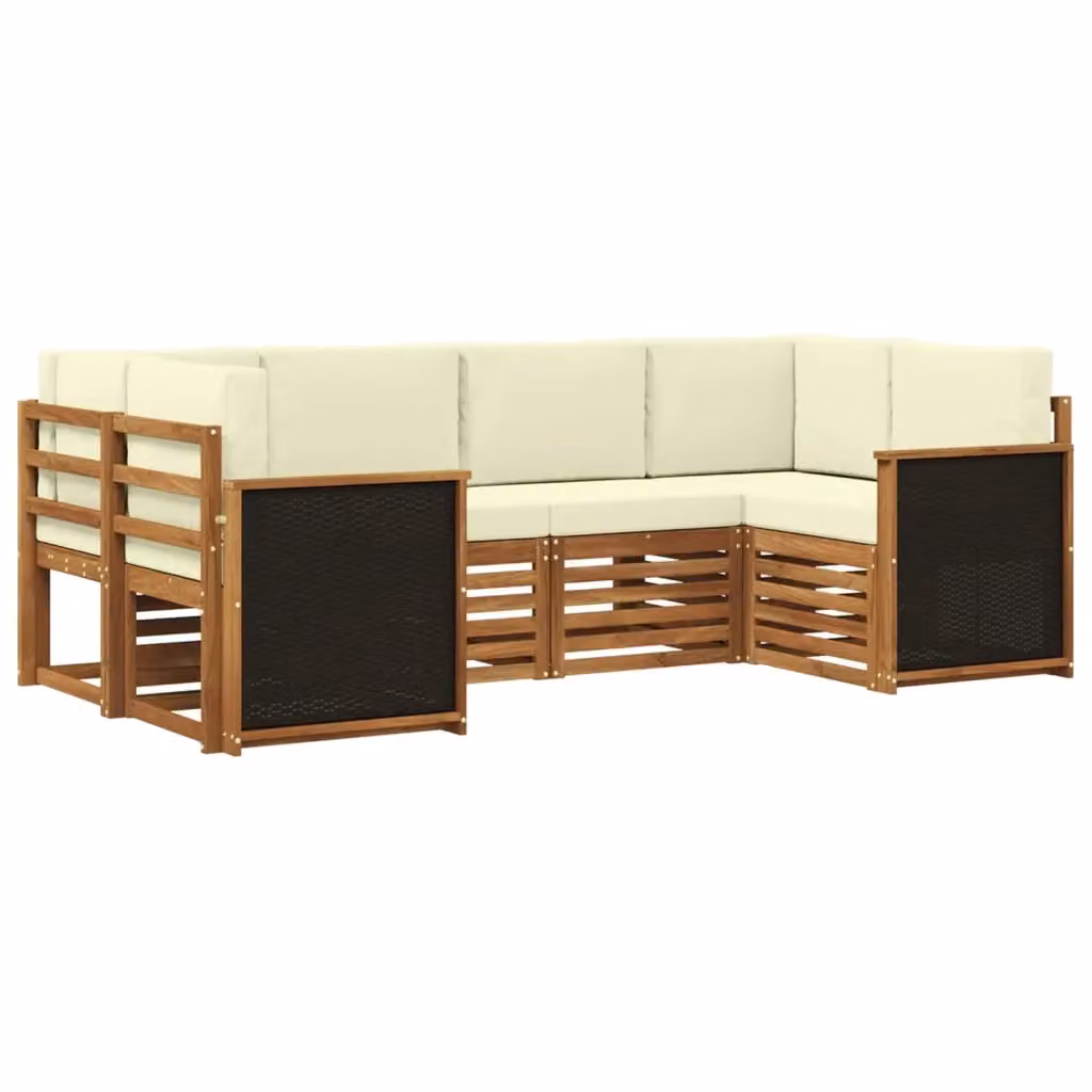 Set di divani da esterno a L vidaXL in legno di acacia con cuscini beige e bianchi – 2
