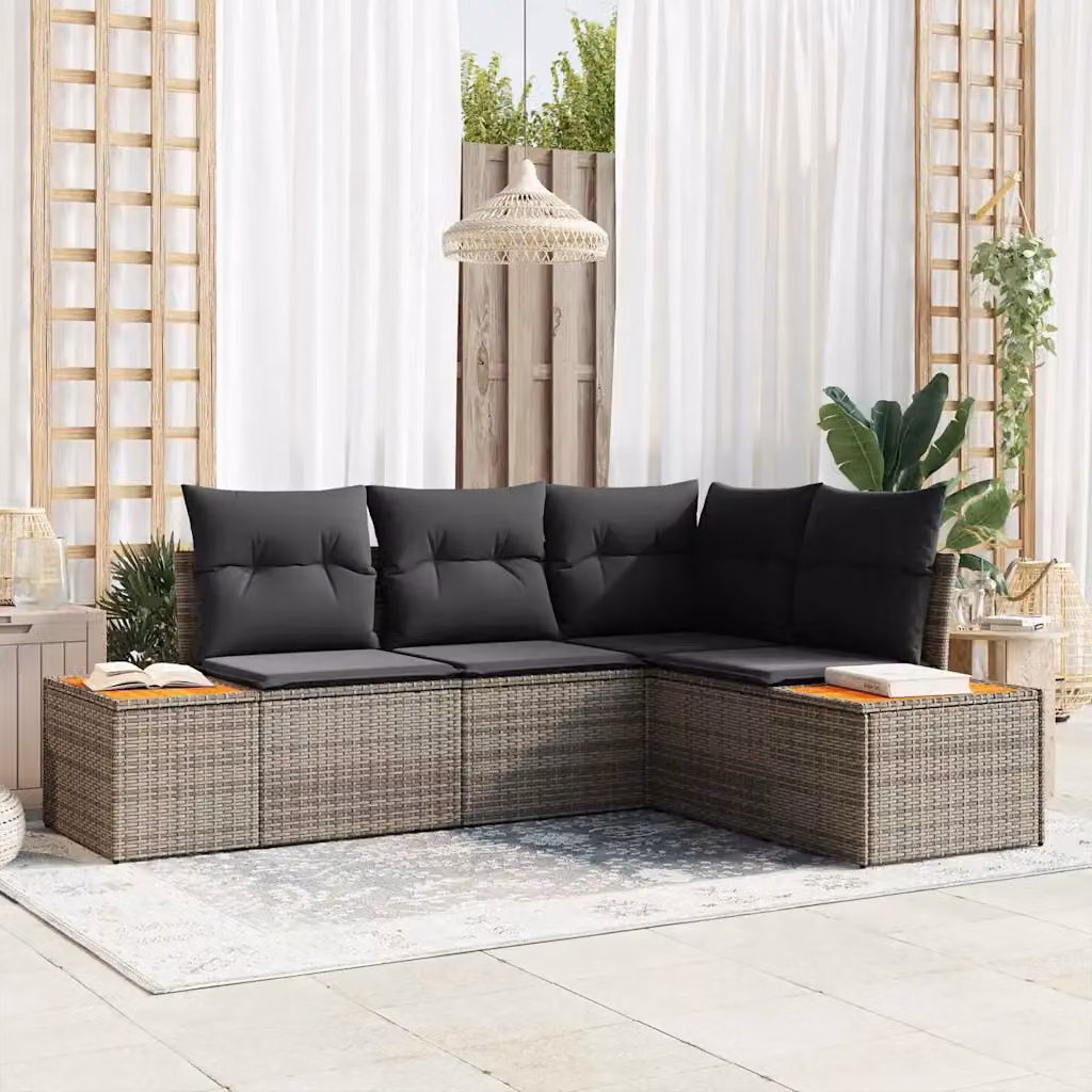 vidaXL Set Divano da Giardino a L con Tavolino e Cuscini Grigio, 4 Posti, Struttura in Metallo e Polyrattan – 1
