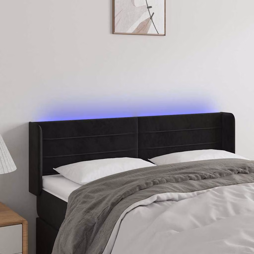 Testiera per letto vidaXL in velluto nero con illuminazione LED e porta di ricarica USB, L 147 x P 16 x H 78/88 cm