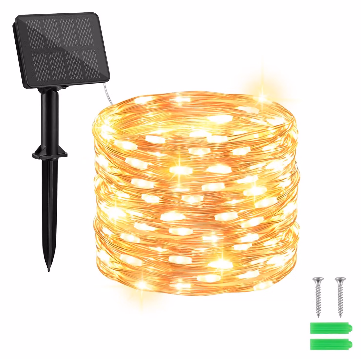 Catena luminosa solare, 10 metri, 100 LED bianco caldo, filo di rame, 8 modalità, grado di protezione IP65