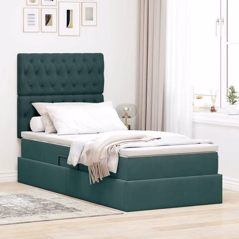 Letto con contenitore vidaXL in velluto verde scuro con illuminazione LED e porta USB, L/P/H: 90 x 200 x 204 cm
