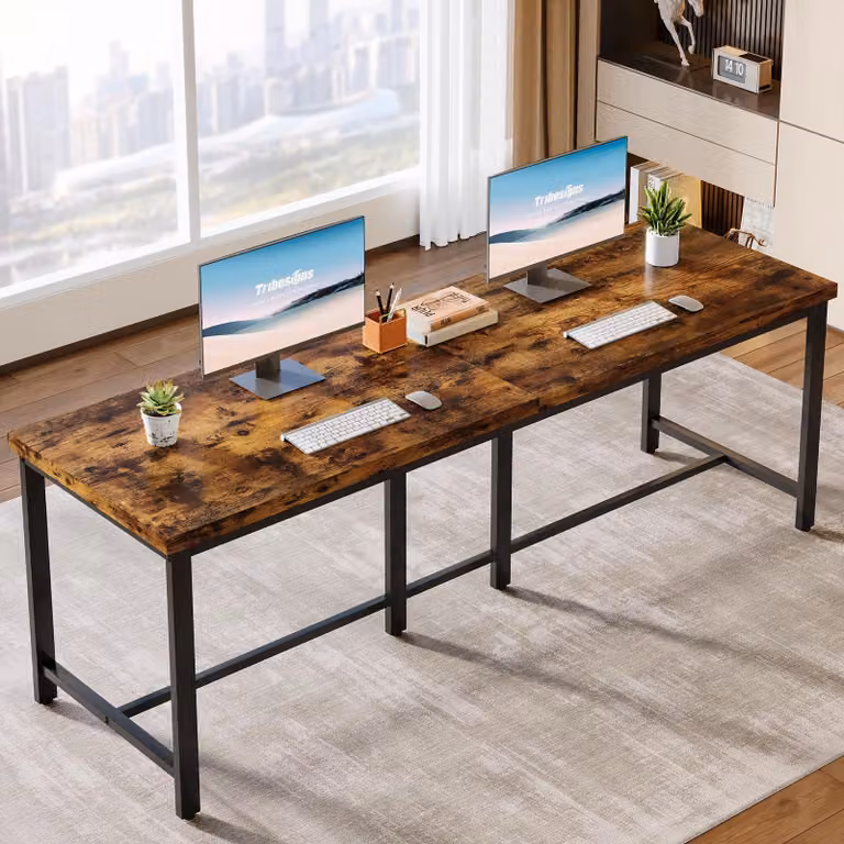 Scrivania per computer extra lunga Wanbor, 200 cm, con doppio piano, ideale per ufficio, studio, ufficio domestico o home office, colore marrone