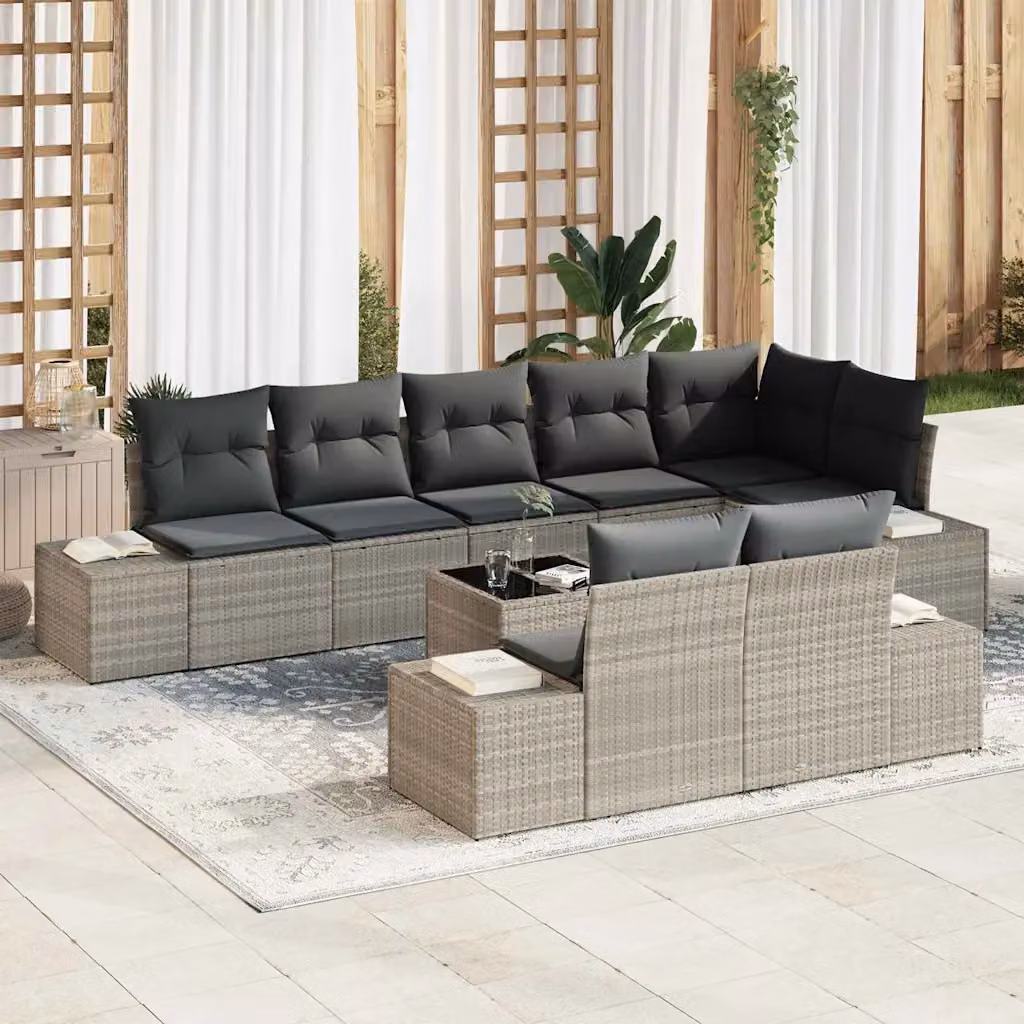 Set Divano da Giardino vidaXL 9 Pezzi a Forma di U Grigio con Cuscini e Tavolino da Caffè in Polyrattan e Acciaio – 1