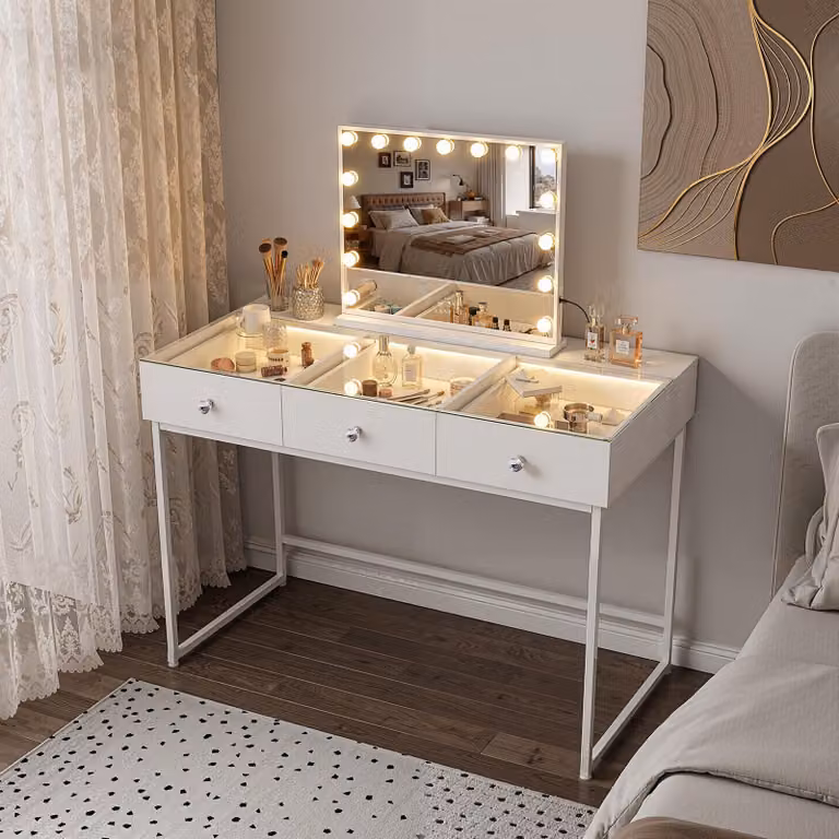 VANITII, tavolino da trucco con specchio illuminato, 3 cassetti, bianco, 115 x 55 x 127 cm