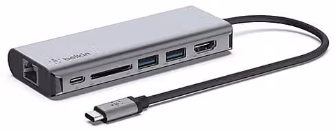 Hub Belkin USB-C 6 in 1 adattatore multiporta argento con porta Gigabit Ethernet, PD 3.0, lettore schede SD 2.0, 2 porte USB-A e HDMI 1.4 4K UHD