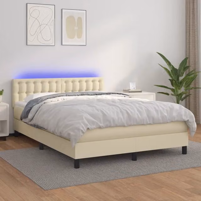 Letto a Molle Ibrido vidaXL con Materasso, Illuminazione LED Sotto il Letto e Porta USB, Beige e Bianco, L/P: 140 x 190 cm – 1