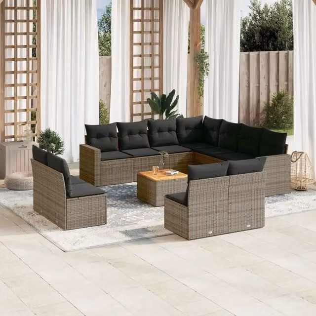 Set di Divani da Giardino vidaXL in Polyrattan Grigio con Cuscini e Tavolino da Esterno 12 Pezzi