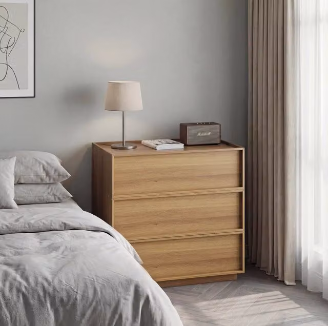 Cassettiera ULEVR 80x48x78 cm con 3 cassetti, guide metalliche e dispositivo antiribaltamento, effetto rovere