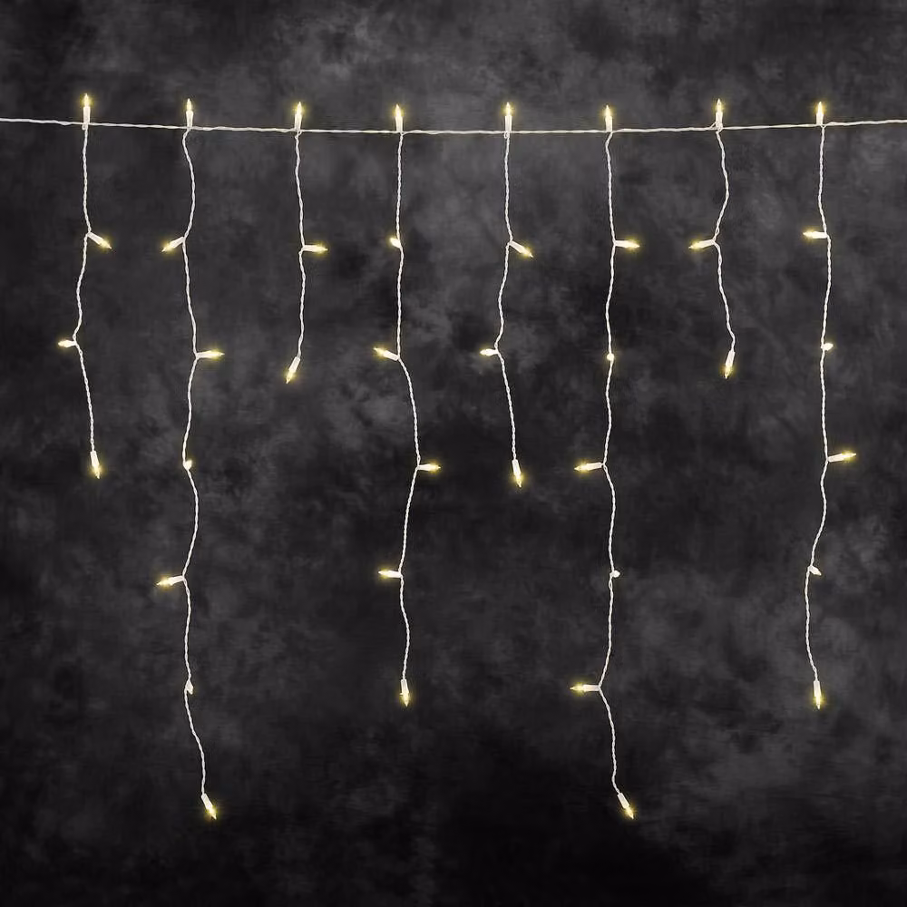 Tenda luminosa a LED per effetto pioggia di ghiaccio, con 200 diodi di colore ambra, trasformatore esterno da 31 V, cavo bianco