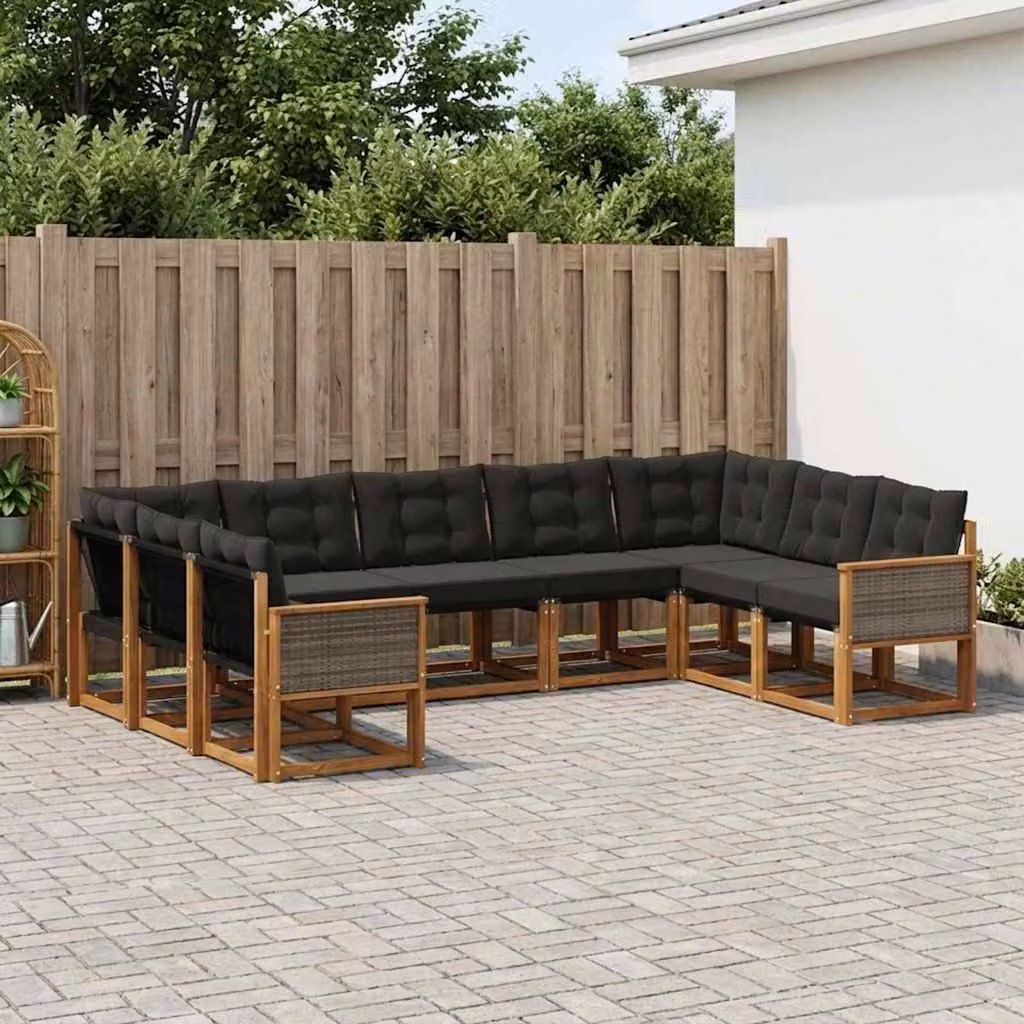 vidaXL Set di divani da esterno 9 pz in legno di acacia con cuscini in textilene, colore marrone e nero
